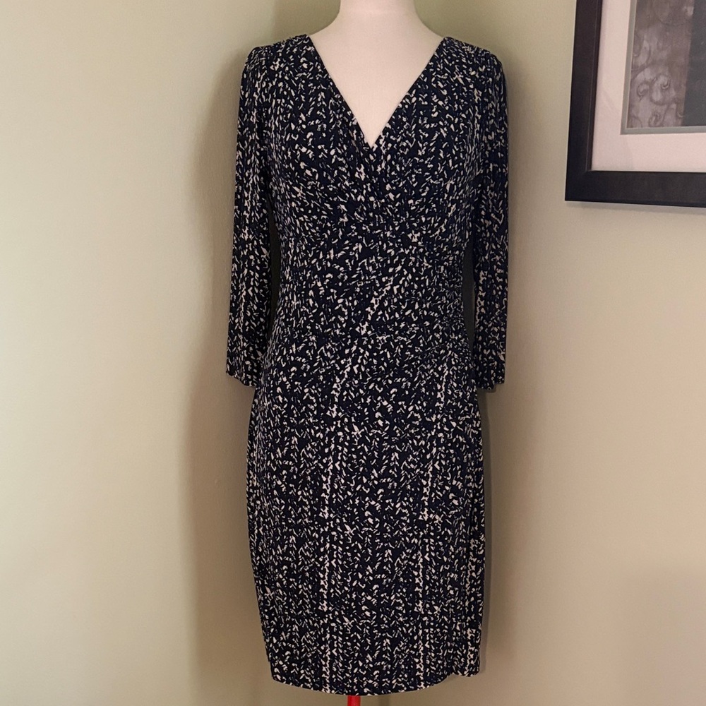 Ralph Lauren Navy and White V-Neck Printed Long Sleeve Dress